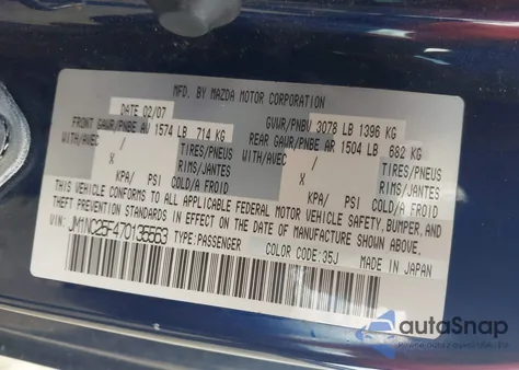 2007 Mazda Mx-5 Sport из США, поврежденный, VIN JM1NC25F470135563